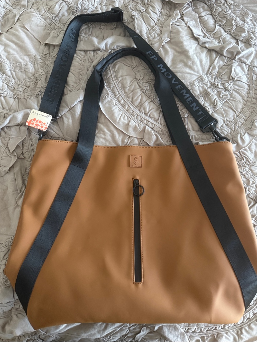 FP Movement by Free People Tan Tote with Black Straps and Front Zip